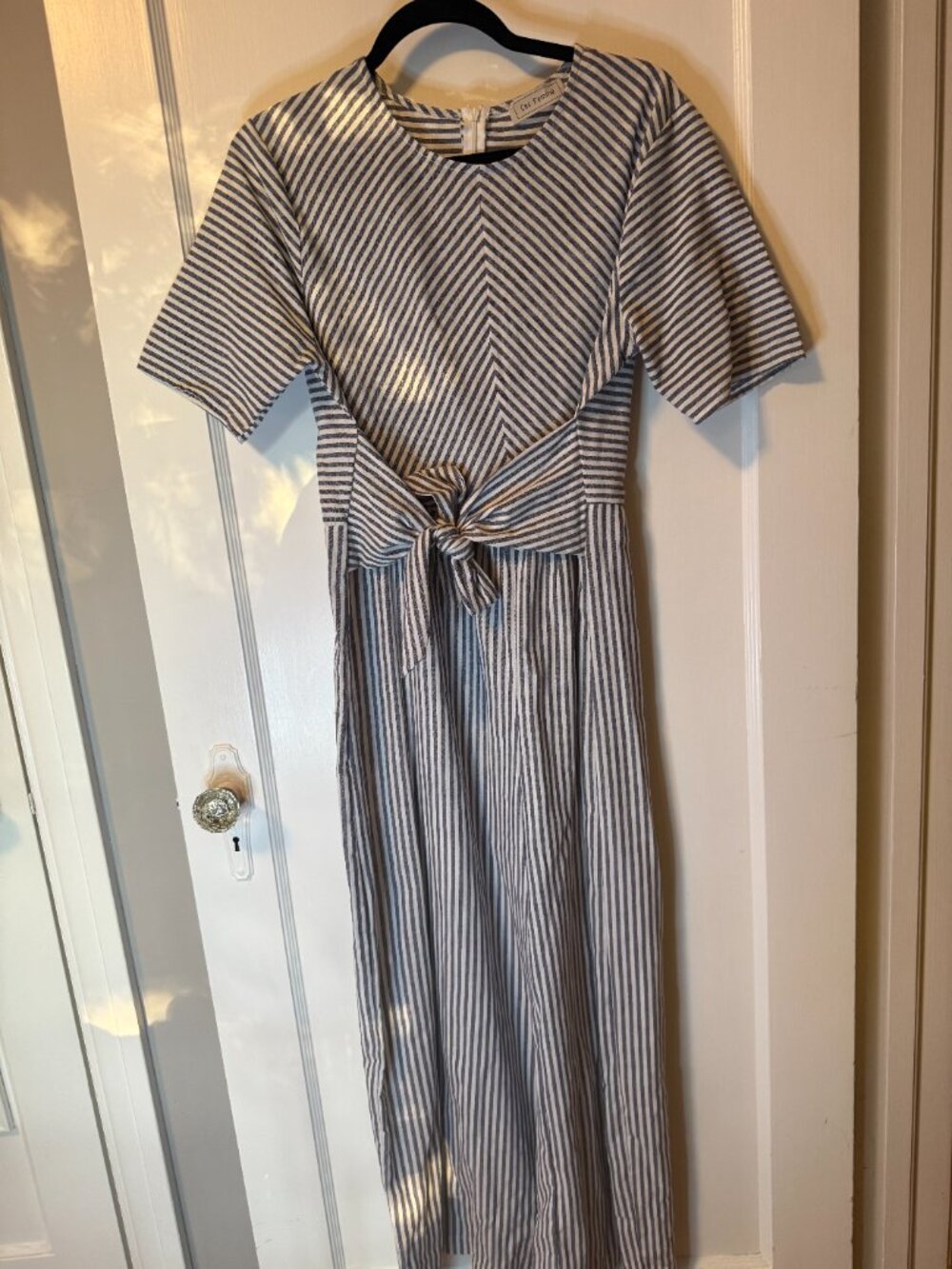Blue and White Striped Tie Waist Jumpsuit (Ces Femme), size large.